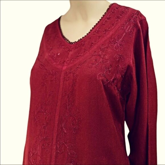 Neck Embroidery Detailed Long Sleeve Tassels Trim Rayon Blouse by Holy NEW - Picture 2 of 4